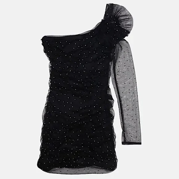 ZARA Dress One Shoulder Black Rhinestone Size XS • BLOGGER FAVORITE • - Picture 9 of 17